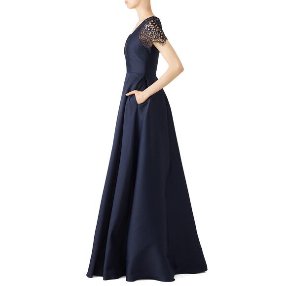 Monique Lhuillier Navy Blue Lace Satin Short Sleeve A-Line V-Neck Ball Gown 4 - Picture 3 of 13